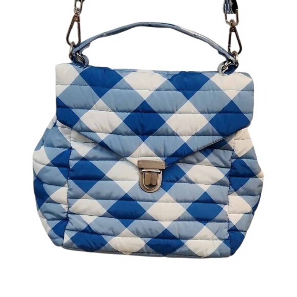 Think Royln The Evelyn Crossbody Bag Blue White Ginham Quilted Puffer Turn Lock
